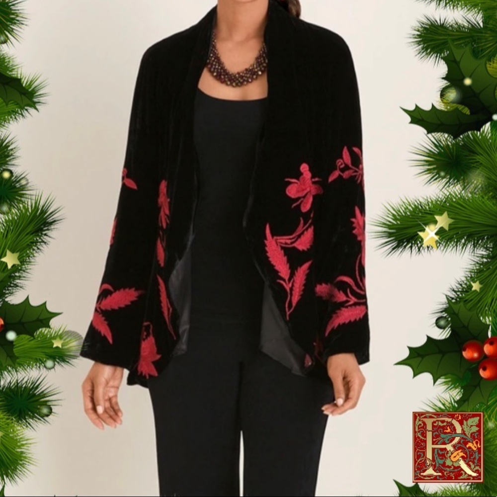 Chico’s “Travelers™ Classics” Velvet Red And Black Floral Jacket